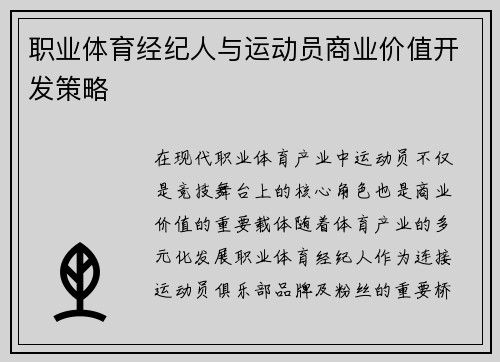职业体育经纪人与运动员商业价值开发策略
